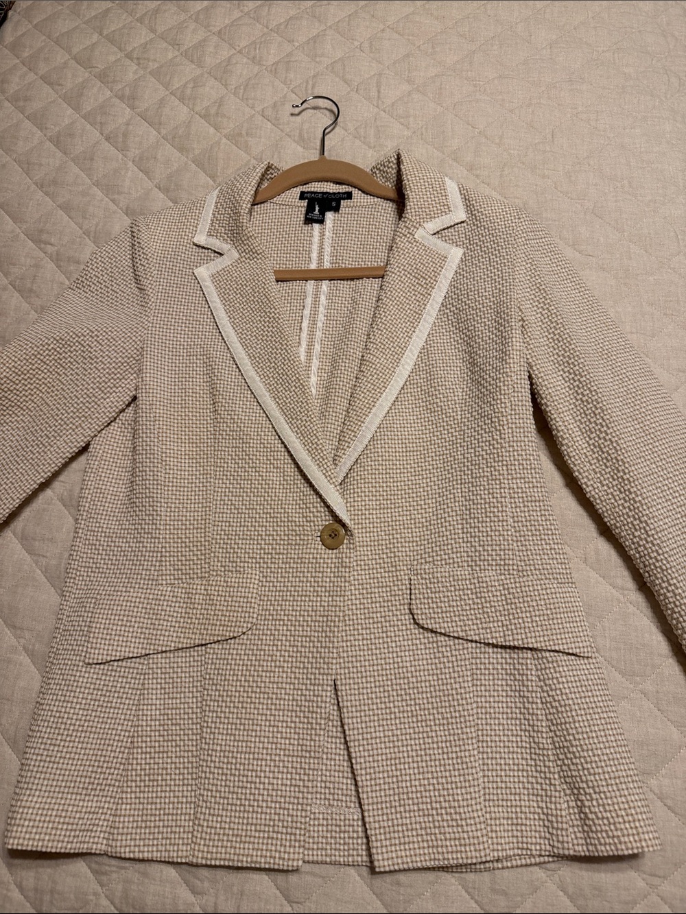 Peace of Cloth Cream Woven Blazer with White Trim
